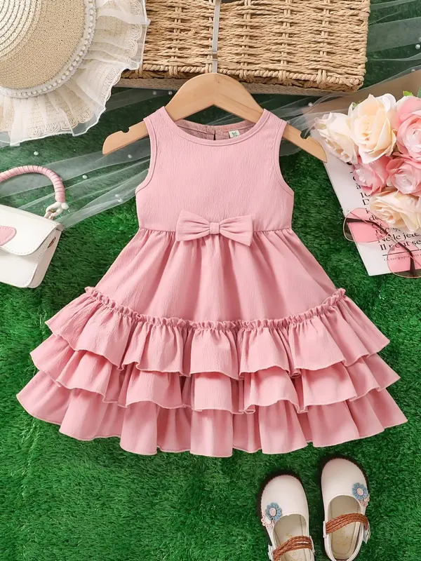 Girl's Solid Bow Decor Ruffle Trim Dress, Cute Casual Sleeveless A Line Dress for Summer, Kids Clothes for Daily Wear