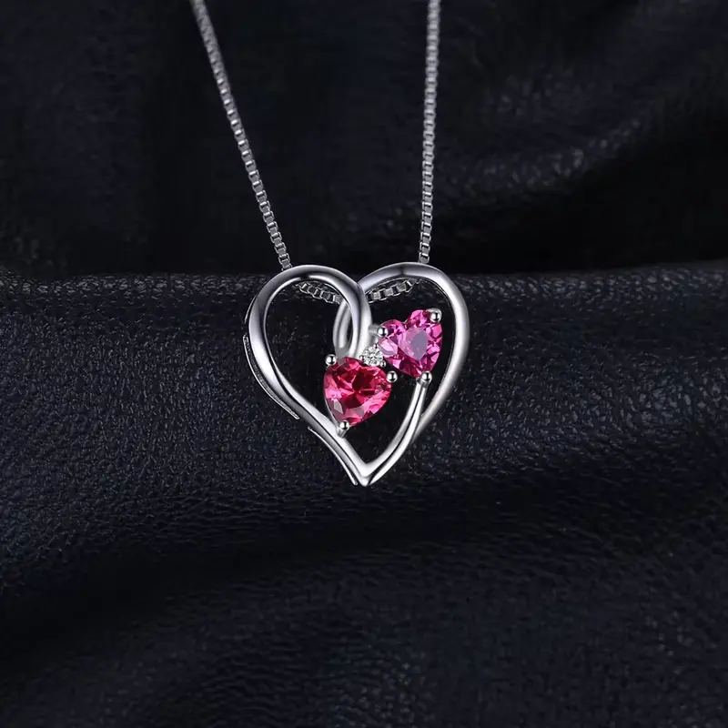 Love Heart Pendant Necklace with 1.2Ct Created Ruby and Pink Sapphire in 925 Sterling Silver - Ideal Gift for Women
