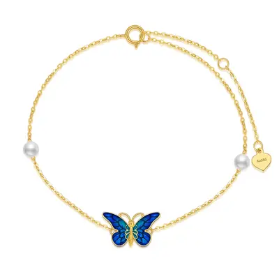 14K Gold Pearl Blue Butterfly Charm Bracelet