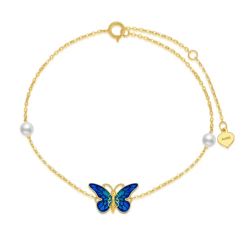 14K Gold Pearl Blue Butterfly Charm Bracelet
