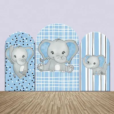 Elephant Blue Plaid Stripe Dots Arch Backdrop Kit - Aperturee