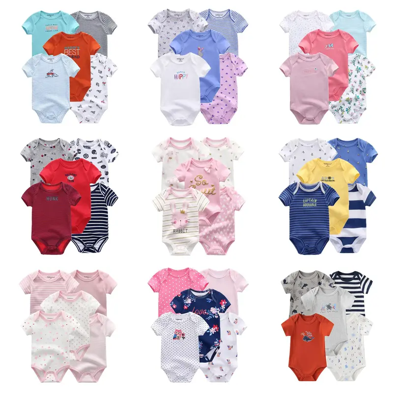 5Pcs Baby Bodysuit Set - Short Sleeve Cartoon Print Jumpsuit for Newborns 0-12 Months | Cute Infant Outfits for Boys & Girls