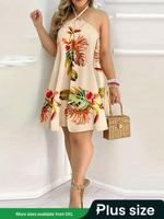 【plus Size】 Leaf Print Tie Back Dress, Casual Sleeveless Dress for Summer, Bohemian Women's Plus Clothing for Daily Wear