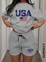 Women's USA Flag Print Crop Tee & Wide Leg Shorts Two-Piece Set, Casual Fashion Cozy Round Neck Short Sleeve T-Shirt & Elasti...
