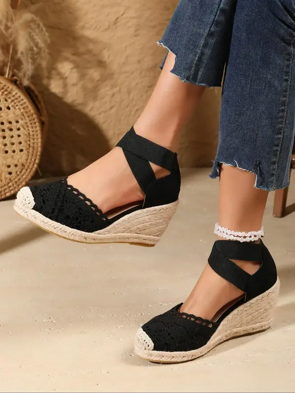 Women's Fashionable Plain Color Wedge Sandals, Casual Comfortable Breathable Espadrilles Sandals for Beach Vacation, Female A...