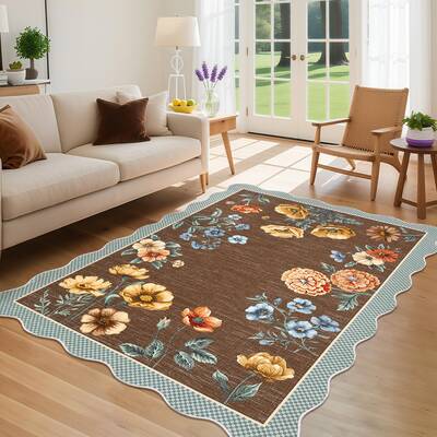 Garvee Scalloped Floral Area Rug 9x12 Non Slip Washable Low Pile Hypoallergenic Soft Brown Farmhouse Nursery Living Room