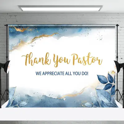 Aperturee White Blue Gold Marbled Thank You Pastor Backdrop - Aperturee