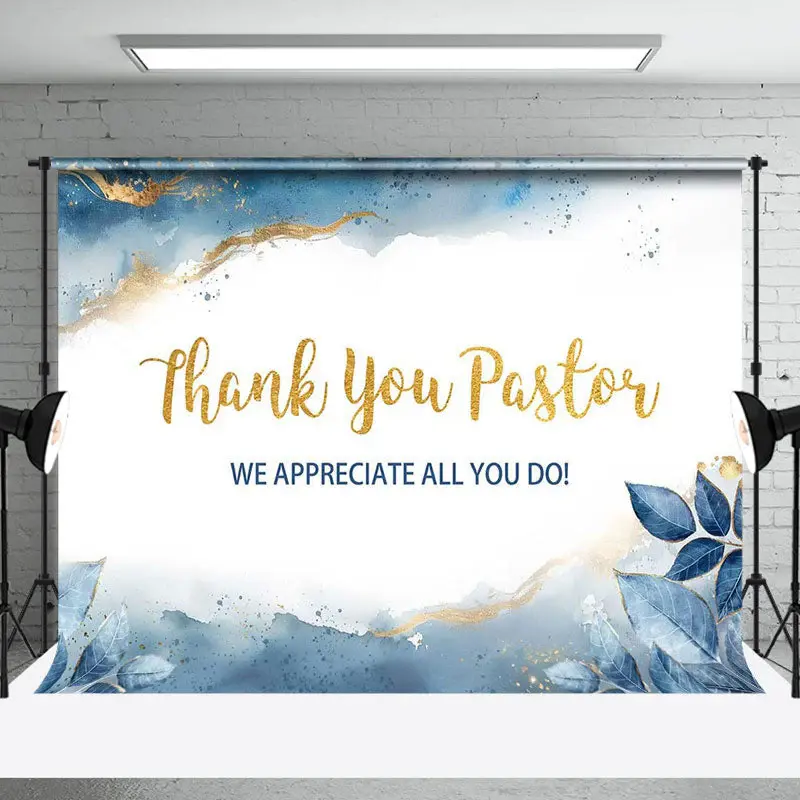 Aperturee White Blue Gold Marbled Thank You Pastor Backdrop - Aperturee