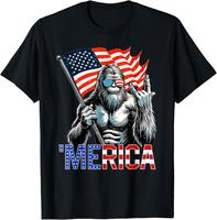 classic cotton graphic fashion round neck men tee Bigfoot Merica Rock American USA Flag Patriotic 4th Of July funny T-Shirt