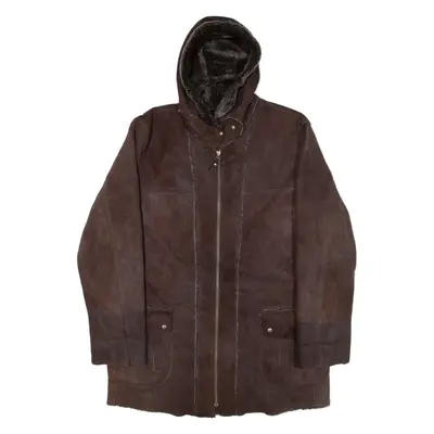 FELDPAUSCH Shearling Womens Overcoat Coat Brown Leather Hooded UK 16
