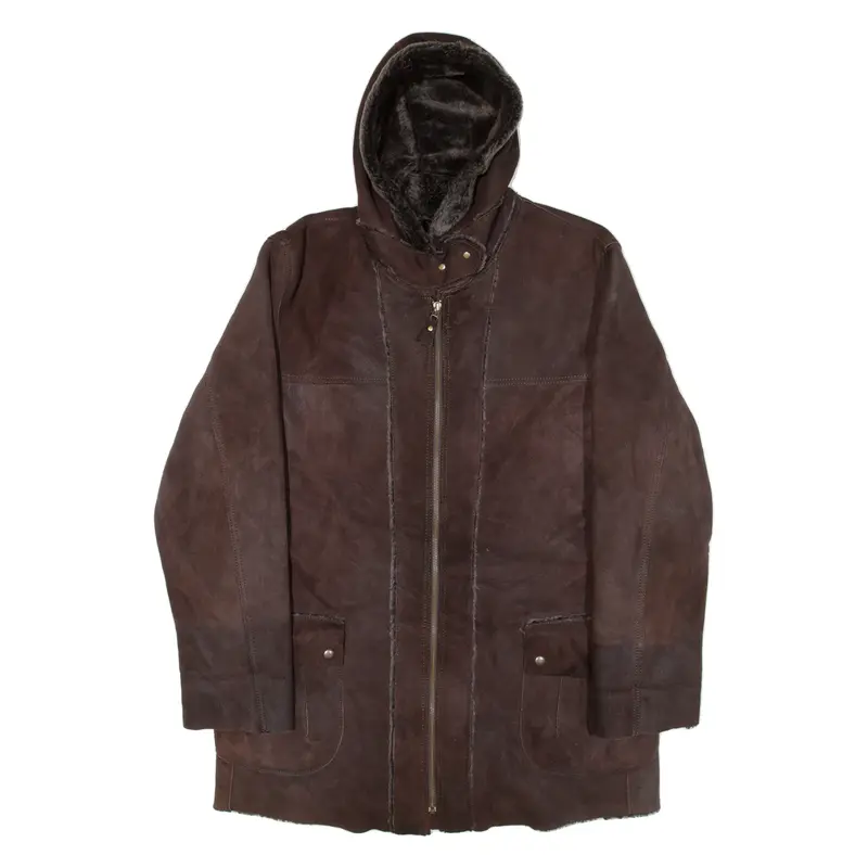 FELDPAUSCH Shearling Womens Overcoat Coat Brown Leather Hooded UK 16