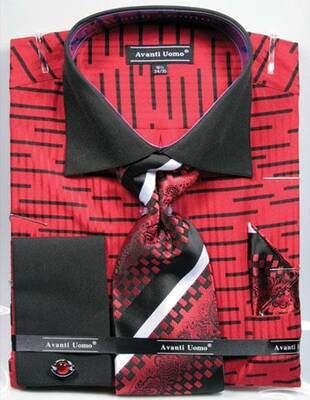 Unique Red Broken Stripe Pattern Two Tone French Cuff Big And Tall Sizes Two Toned Contrast 18 19 20 21 22 Inch Neck Men's Dr...