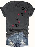 Women's Cartoon Paw & Heart Print Round Neck Tee, Casual Short Sleeve Crew Neck T-shirt for Daily Wear, Ladies Clothes for Al...