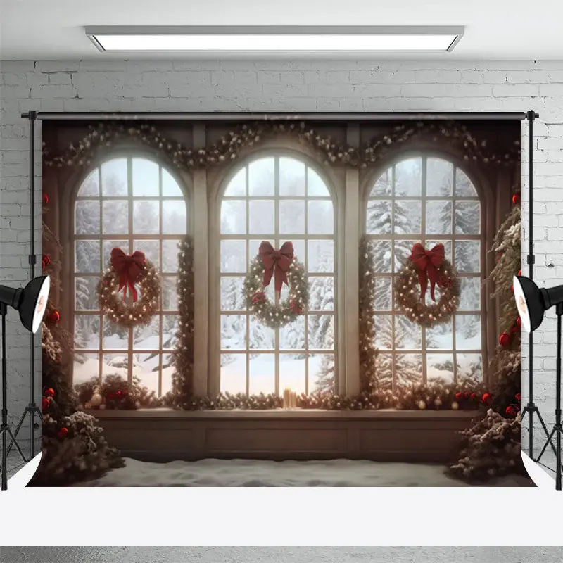 Christmas Tree Wreath Bowknot Window Portrait Backdrop - Aperturee