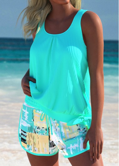 Modlily Tummy Coverage Mid Waisted Geometric Print Tankini Set - M