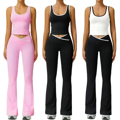 Women's Two-Piece Set Colorblock Contrast Binding Crop Tank Top & Flare Leg Pants Tracksuit Set, Scoop Neck Sleeveless Top & ...