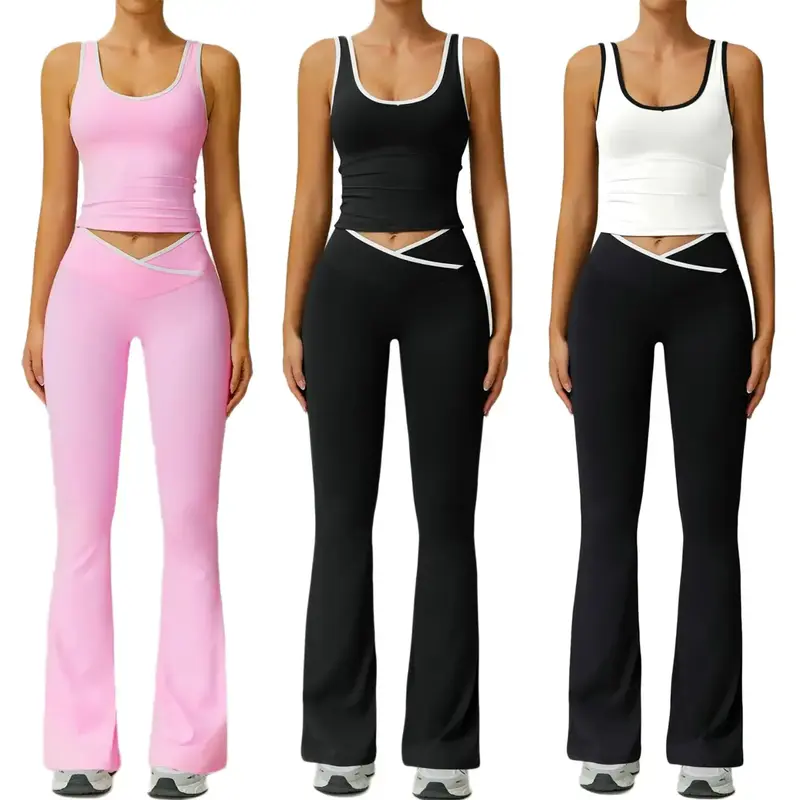 Women's Two-Piece Set Colorblock Contrast Binding Crop Tank Top & Flare Leg Pants Tracksuit Set, Scoop Neck Sleeveless Top & ...