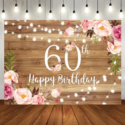 Aperturee Pink Floral Brown Wood 60th Birthday Backdrop