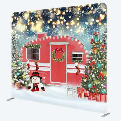 Aperturee Red Car Snowman Christmas Tree Tension Fabric Backdrop - Aperturee