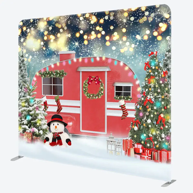 Aperturee Red Car Snowman Christmas Tree Tension Fabric Backdrop - Aperturee