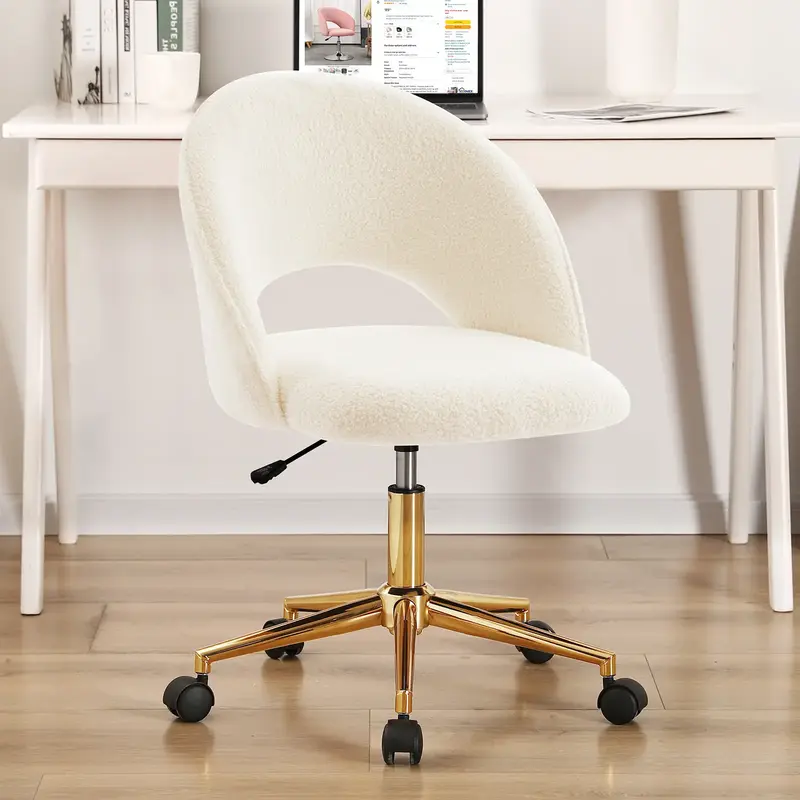Furnimart Faux Sherpa Home Office Chair Modern Swivel Desk Chair with Gold Base Armless Vanity Chair with Wheels for Living R...