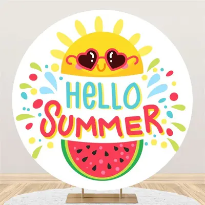 Cute Sun Watermelon Round Hello Summer Backdrop - Aperturee
