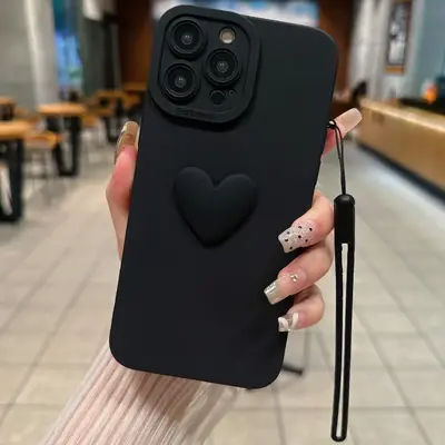 Solid Color Heart Design Phone Case with Wrist Strap, Shockproof Phone Protective Cover, Phone Accessory Compatible With iPho...