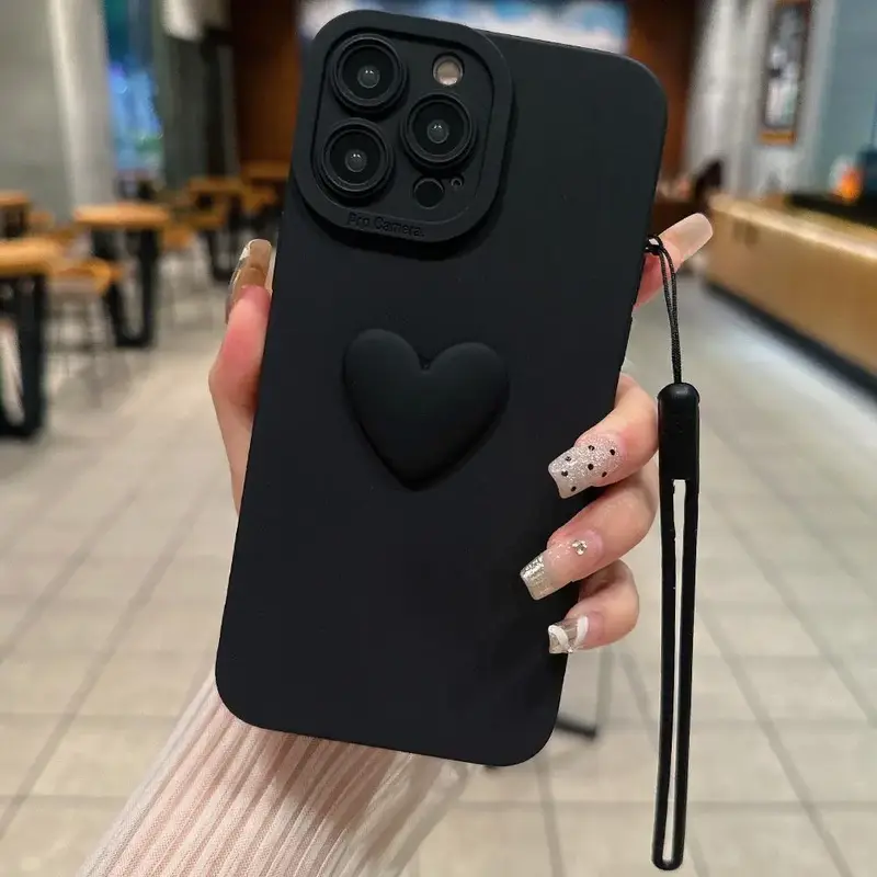 Solid Color Heart Design Phone Case with Wrist Strap, Shockproof Phone Protective Cover, Phone Accessory Compatible With iPho...