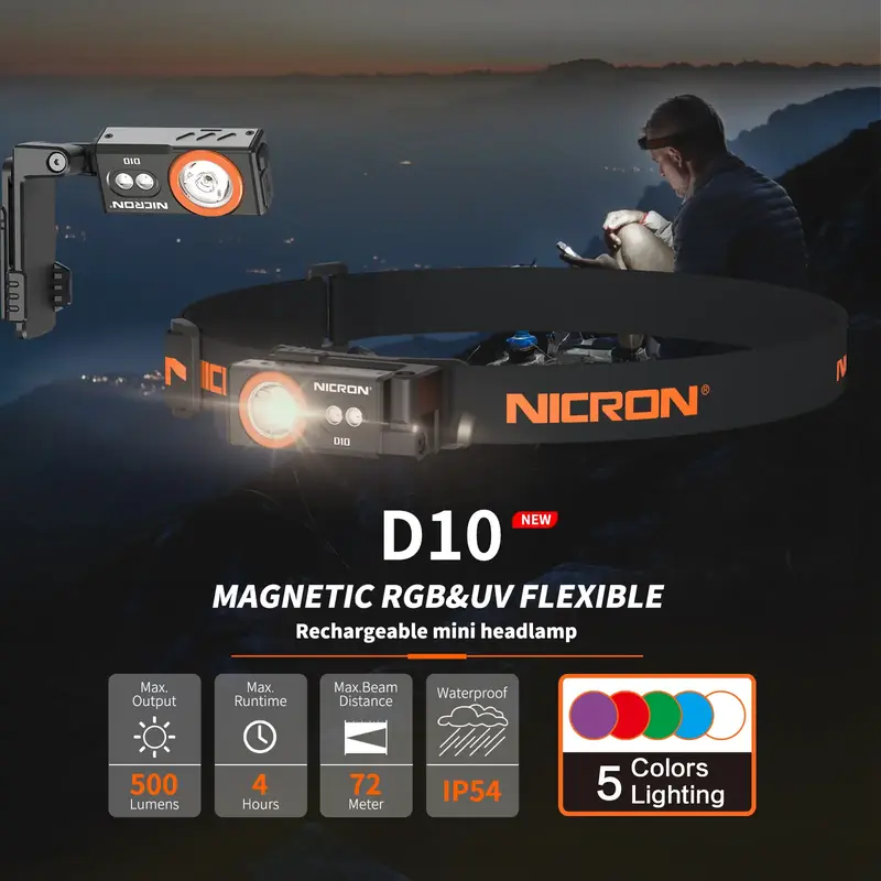 NICRON D10 Rechargeable LED Headlamp - 500 Lumens, RGB 5 Color Modes, IP54 Waterproof, 360° Rotatable, with Clip & Magnetic ...