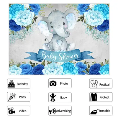 Aperturee Blue Floral Baby Elephent Baby Shower Backdrop for Boy