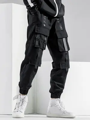 Men's Thin Plain Flap Pocket Tape Buckle Drawstring Waist Black Cargo Pants, Loose Stylish Casual Trousers, Streetwear B...