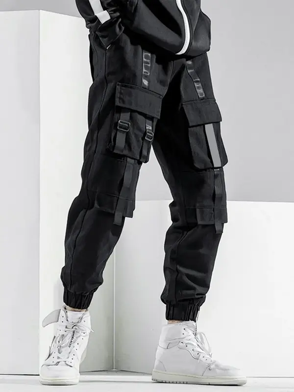 Men's Thin Plain Flap Pocket Tape Buckle Drawstring Waist Black Cargo Pants, Loose Stylish Casual Trousers, Streetwear B...
