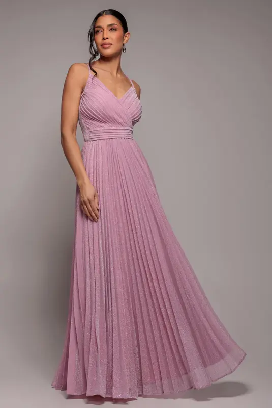 Goddiva Sleeveless Pleated A Line Lurex Maxi Dress - Pink