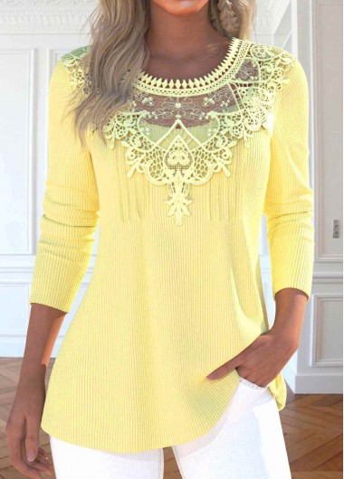Modlily Light Yellow Patchwork Long Sleeve Round Neck T Shirt - M