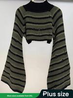 【plus Size】 Striped Print Ripped Flounce Sleeve Crop Sweater, Casual Long Sleeve Mock Neck Jumper for Fall & Winter, Wome...