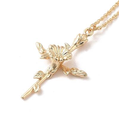 304 Stainless Steel Cross with Flower Pendant Necklaces for Women