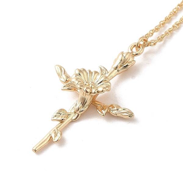 304 Stainless Steel Cross with Flower Pendant Necklaces for Women
