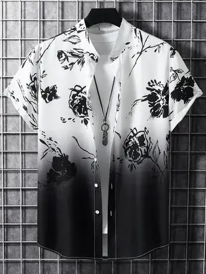 Men's Ombre Floral Print Button Front Shirt, Regular Fit Streetwear Casual Fashion Short Sleeve Collared Shirt for Summer,  S...