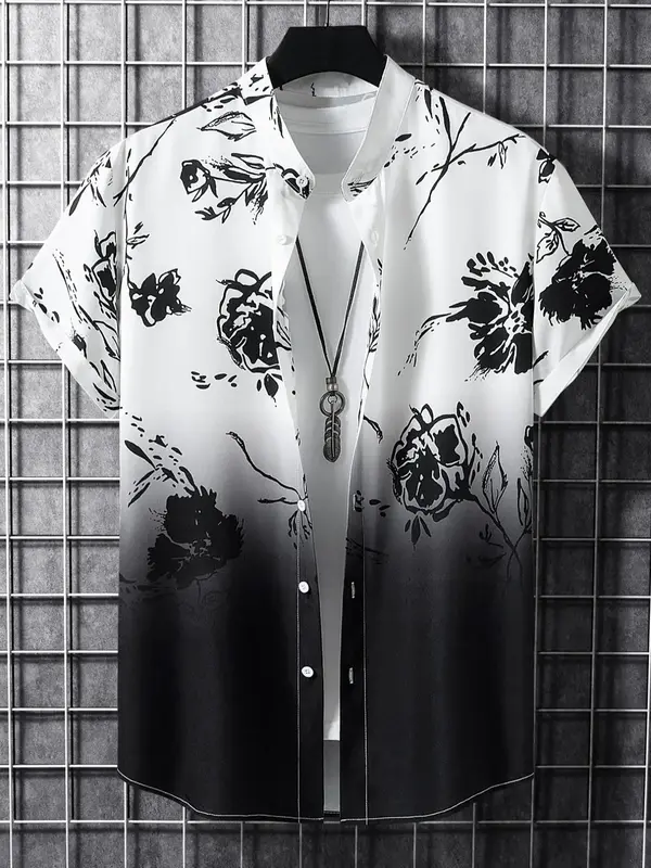 Men's Ombre Floral Print Button Front Shirt, Regular Fit Streetwear Casual Fashion Short Sleeve Collared Shirt for Summer,  S...