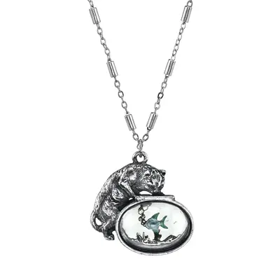 Pewter Cat w/Blue Enamel Fish in Glass Fishbowl Necklace 30in