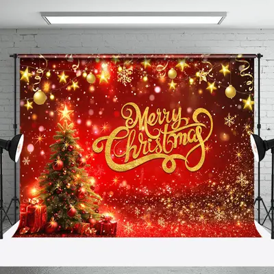 Festive Red Gold Gifts Tree Bells Christmas Backdrop - Aperturee