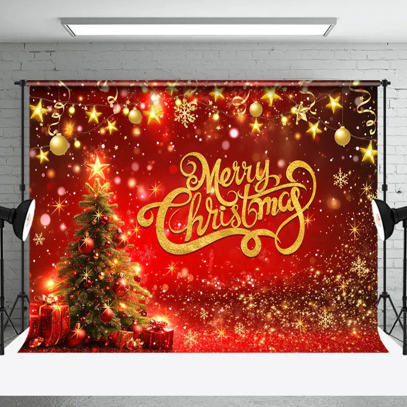 Festive Red Gold Gifts Tree Bells Christmas Backdrop - Aperturee