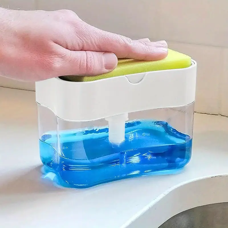 Dish Soap Dispenser with Sponge Holder, 1 Count Automatic Liquid Addition Holder with Cleaning Sponge, Household Cleaning Too...