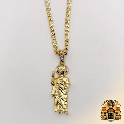 14K Gold Plated St. Jude Necklace - All Gold - Figaro Chain San Judas Pendant / Collar de San Judas Tadeo Chapado en Oro 14K ...