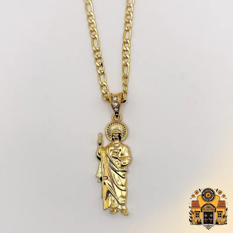 14K Gold Plated St. Jude Necklace - All Gold - Figaro Chain San Judas Pendant / Collar de San Judas Tadeo Chapado en Oro 14K ...