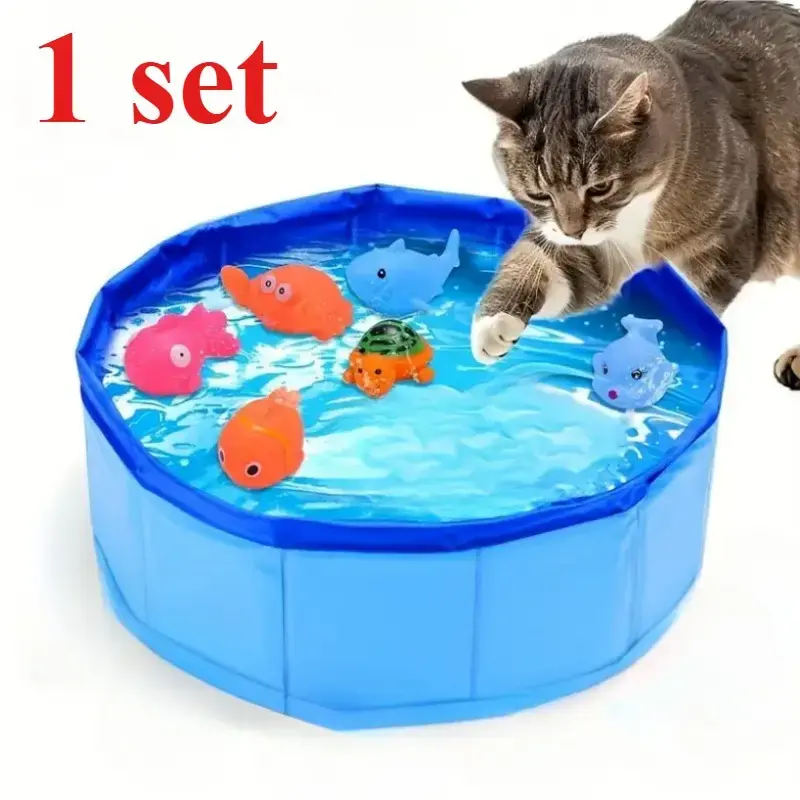 1 set of cat swimming pool toys with floating fish, no need for batteries, pet toys, durable PE material, space saving and fo...