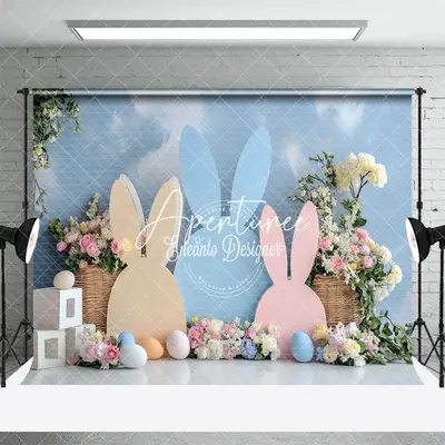 Aperturee Blue Cloud Wall Bunny Ear Floral Eggs Easter Backdrop, 3X2FT(1MX0.6M), 14 USD, easter backdrops, ENHD3J67-M