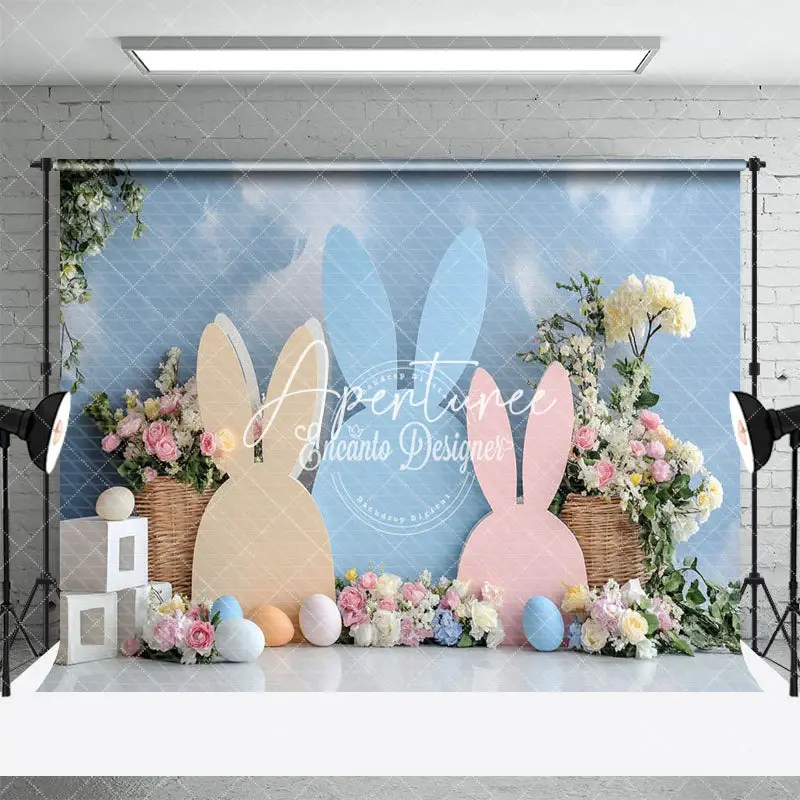 Aperturee Blue Cloud Wall Bunny Ear Floral Eggs Easter Backdrop, 3X2FT(1MX0.6M), 14 USD, easter backdrops, ENHD3J67-M