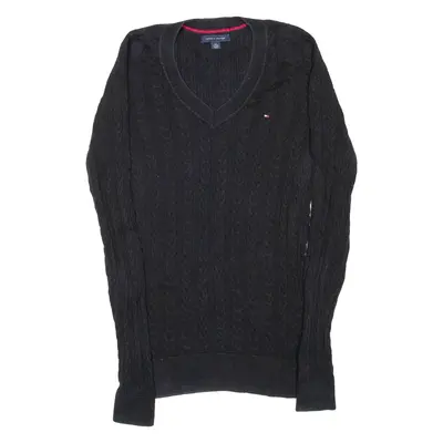 TOMMY HILFIGER Womens Jumper Black V-Neck Tight Knit XS