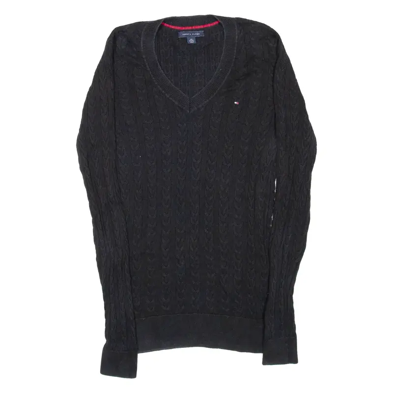 TOMMY HILFIGER Womens Jumper Black V-Neck Tight Knit XS
